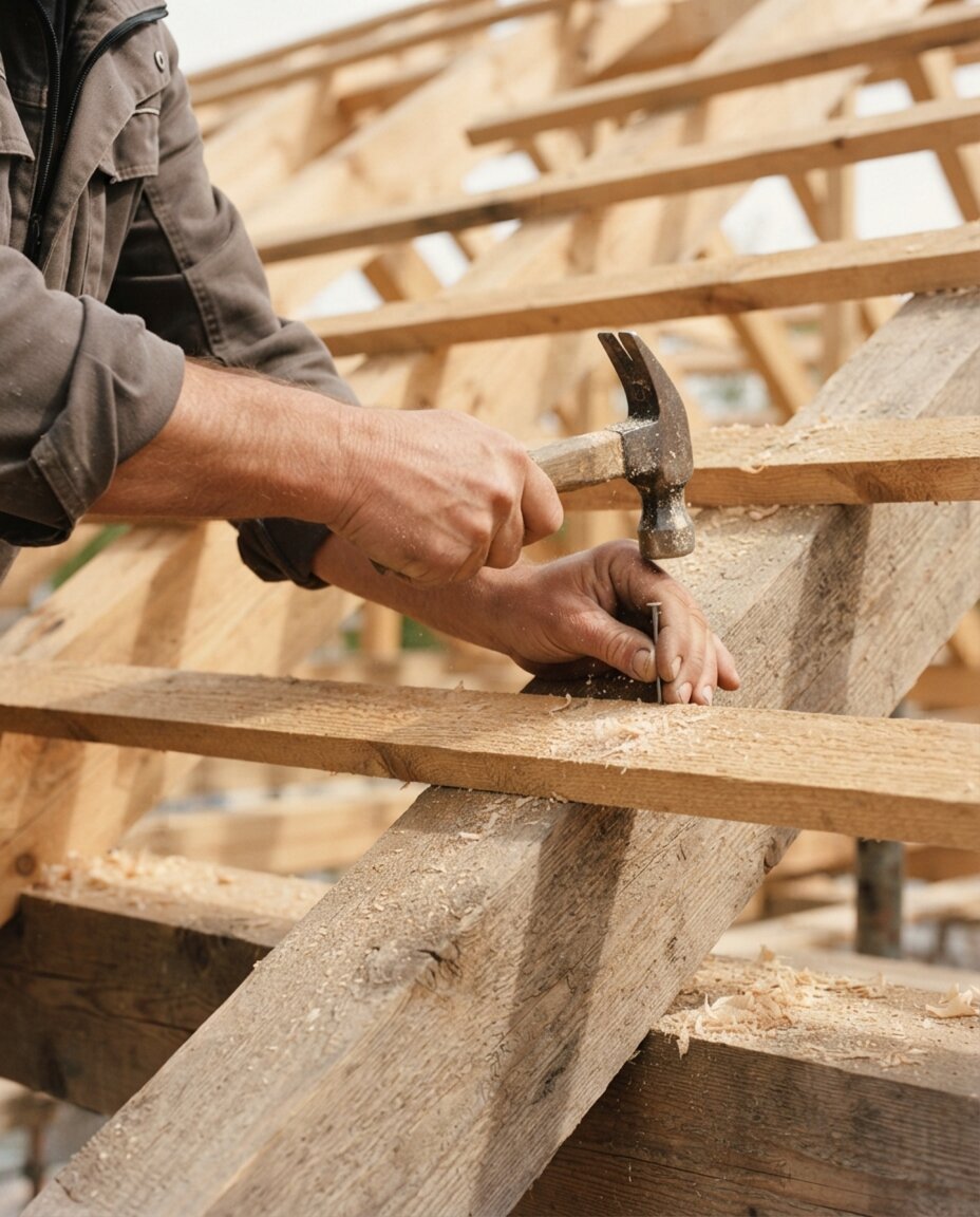 Zimmerer bei der Arbeit an einem Holzbalken